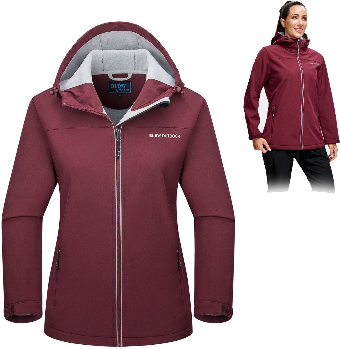 BUBW® Dames Outdoorjas Softshell Jas met Capuchon Winddicht & Warme Fleece Voering Outdoor Ski-jack Waterdicht Rood