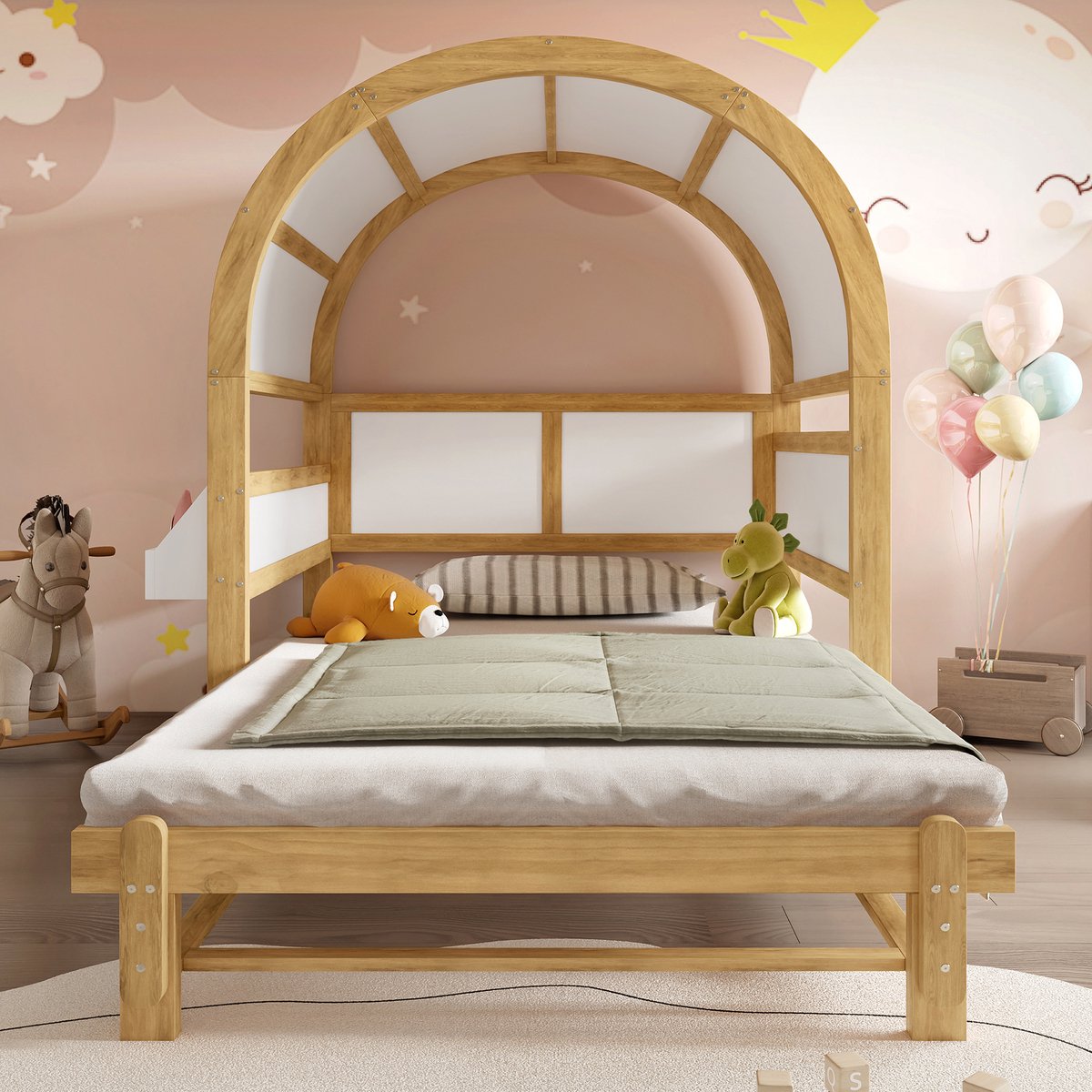 Wishdor Dagbed 140x200 cm – Uitschuifbaar & Huisvorm met Dak – Grenen/MDF Wit/Naturel – Uitschuifbaar Dagbed in Huisvorm Wit+Natuurlijk