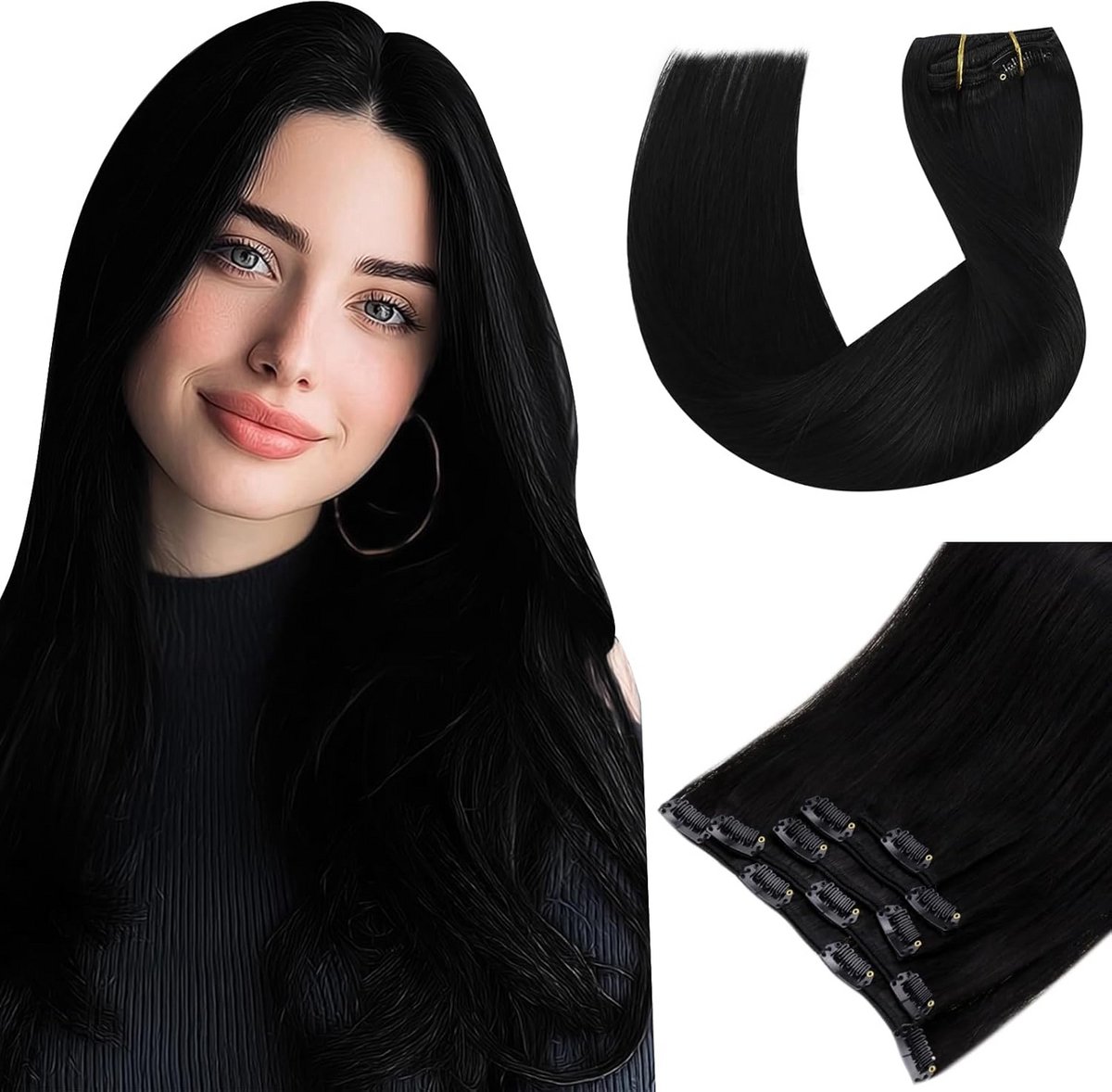 Echt Haar Clip-in Extensions Zwart 30 cm voor Dames Dikker en Langer Haar