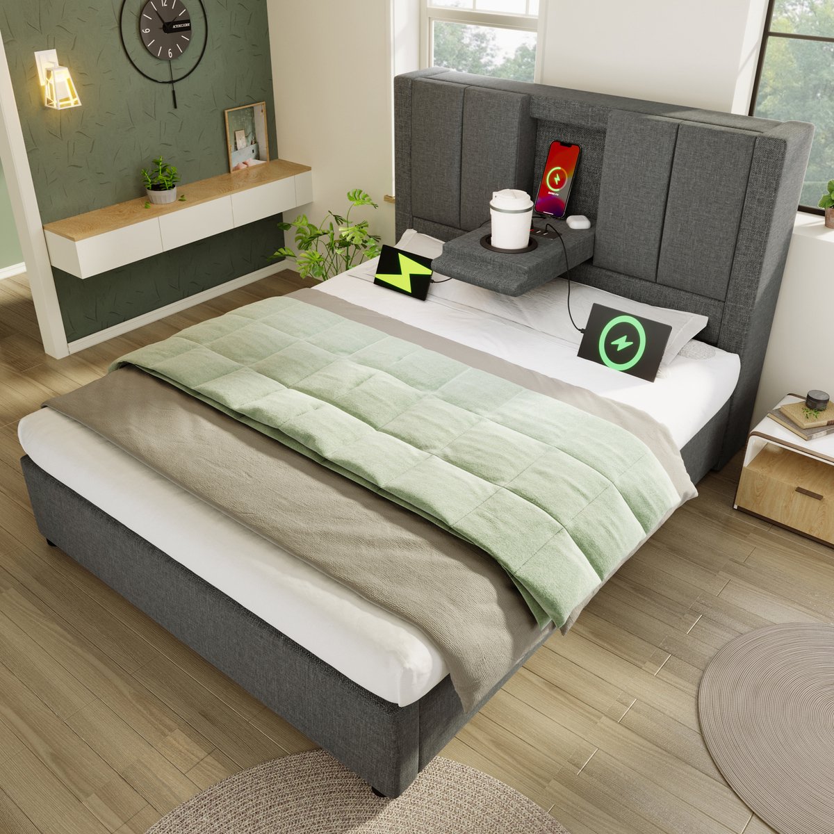 MODFU Bedframe 90x200 cm – Linnen met verborgen bekerhouder & laadstation – Hydraulisch – Incl. matras – Grijs