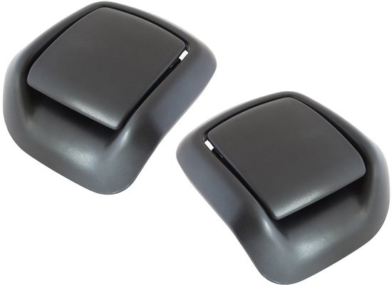 Twee zwarte, kunststof stoelverstelhandgrepen voor een Ford Fiesta VI (2002-2008). De handgrepen zijn van bovenaf te zien.