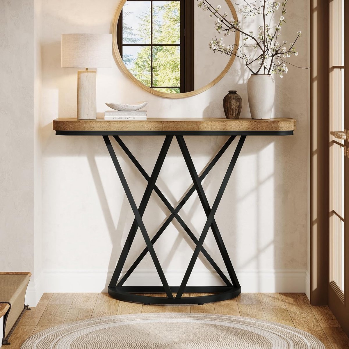 Tribesigns Consoletafel - Sidetable - 105 x 30 x 80 cm - Smalle Consoletafel met geometrisch metalen frame - Haltafel - bruin - Industrieel - Console Tafel voor Hal, Woonkamer, Entree