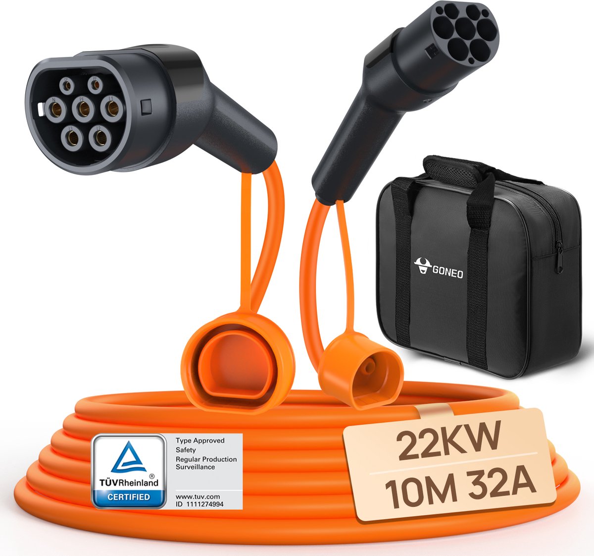 GONEO EV Type 2 oplaadkabel 22kW 10m 32A - mode 3 - 3 fase - Oranje, EU EV laadkabels