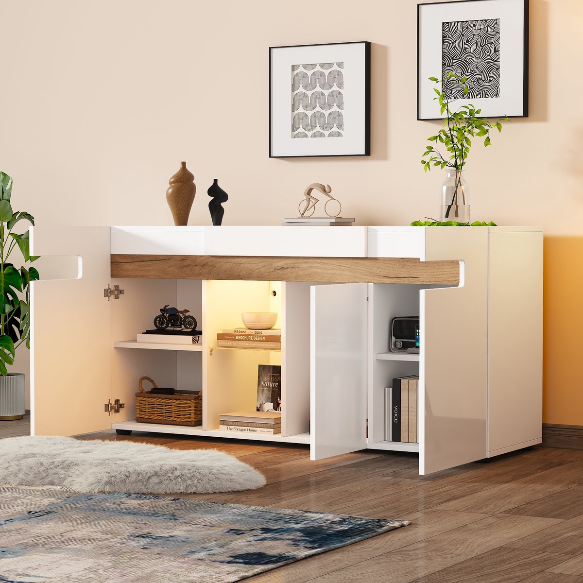 FloraGrace Dressoir Met Ledverlichting En App Bediening Voor Woonkamer En Hal Spaanplaat Wit En Naturel 140x40x70 Cm Hoogglans Deuren