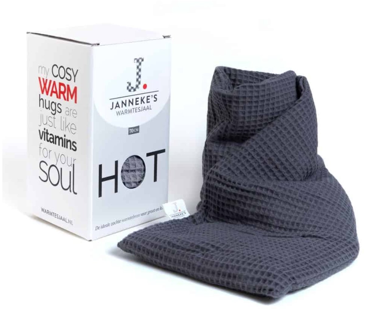 Janneke’s Warmtesjaal® kersenpitkussen magnetron met lijnzaad - pittenzak - 70 cm lang - warmtekussen - wasbare hoes - kleur antraciet