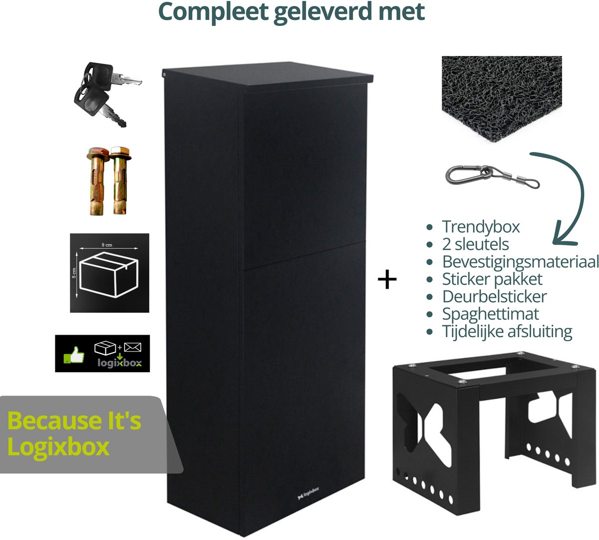 Logixbox - Pakketbrievenbus deur Achterkant - Pakketbox Trendybox incl. complete Montagezuil - Vrijstaande Brievenbus - GRATIS Stickerset - Spaghettimat + Extra beveiliging -Zwart