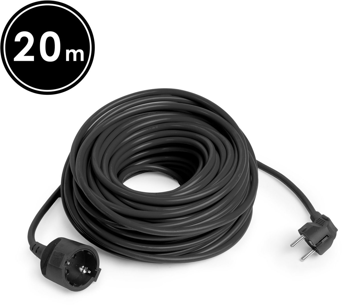 Verlengsnoer - 20 m - Zwart - 90° Stekker - CEE 7/7 naar Schuko CEE 7/4 - 3×1,5 mm² H05VV-F - 250V AC - 10/16A - IP20 - Voor Huis, Kantoor & Tuin - Slijtvast PVC met Dikke Isolatie tegen Kabelbreuk [20502BK]