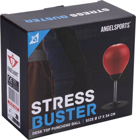 Doos van de Stress Buster met een rode bokszak, merk Angel Sports. Afmetingen 17 x 34 cm.
