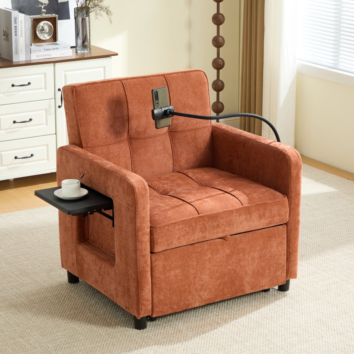 OKWISH Slaapfauteuil 167x79x83 Cm - 2 In 1 Met 5 Standen Rugleuning & Opbergruimte - Voor Woonkamer Of Logeerkamer - Chenille - Oranje