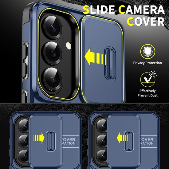 Donkerblauw telefoonhoesje met schuifbare cameralensbescherming.