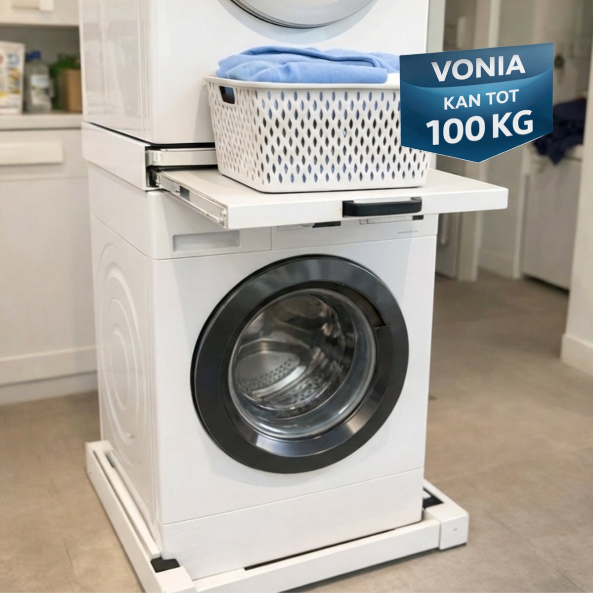 Vonia Tussenstuk Wasmachine Droger - Stapelkit Wasmachine Droger - Universeel - Uitschuifbare werkblad - Wit — afbeelding 3