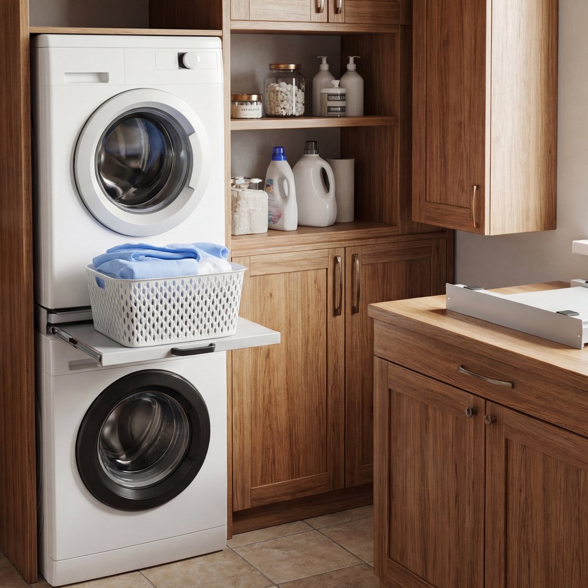Vonia Tussenstuk Wasmachine Droger - Stapelkit Wasmachine Droger - Universeel - Uitschuifbare werkblad - Wit — afbeelding 7