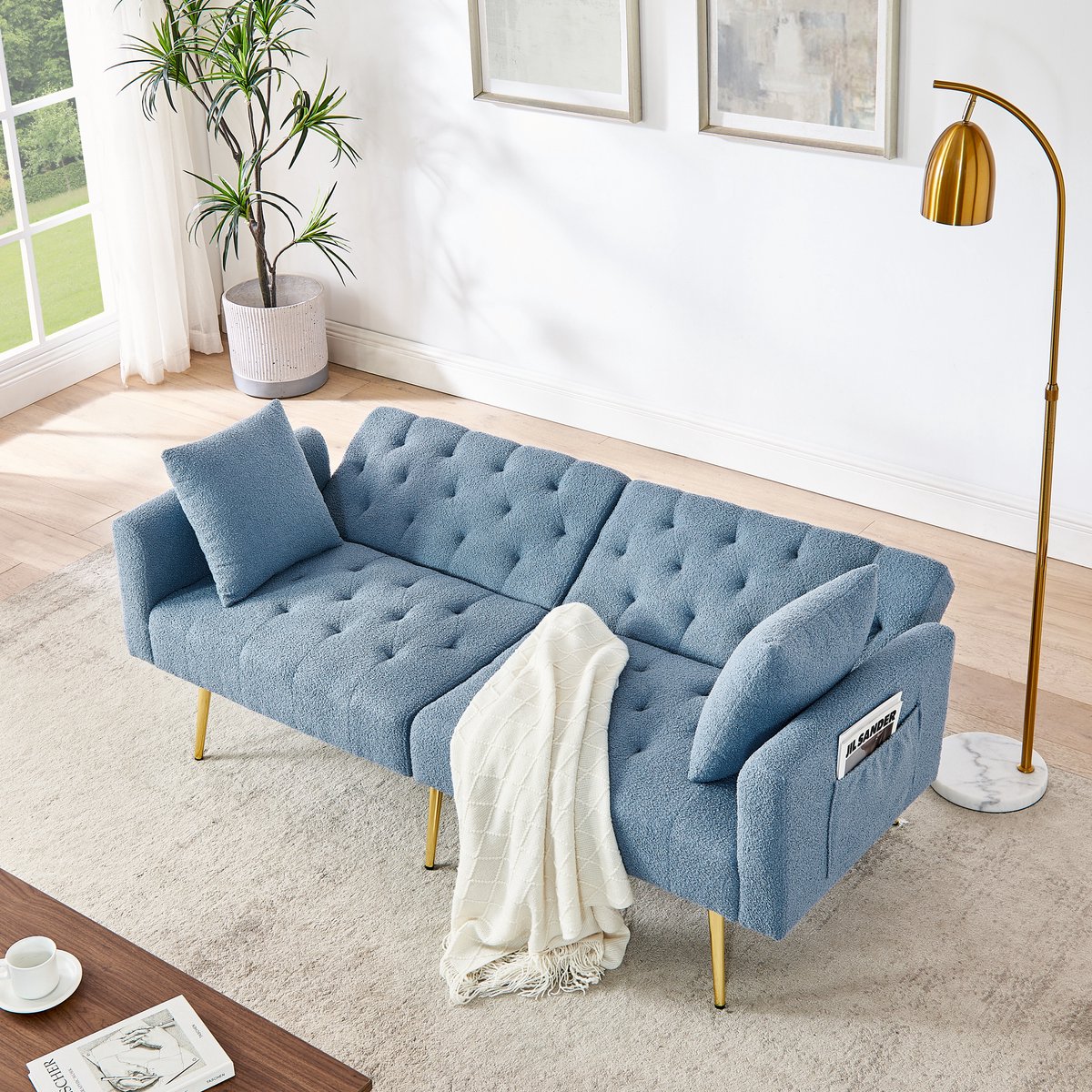 FloraGrace Slaapbank – 2-Zits Teddy Bank 177 Cm – 3-Standen Verstelbare Rugleuning Met 2 Kussens – Voor Woonkamer Of Appartement – Teddy – Blauw