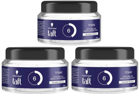 Drie potjes Taft Titane Styling Gel met blauw en wit label.