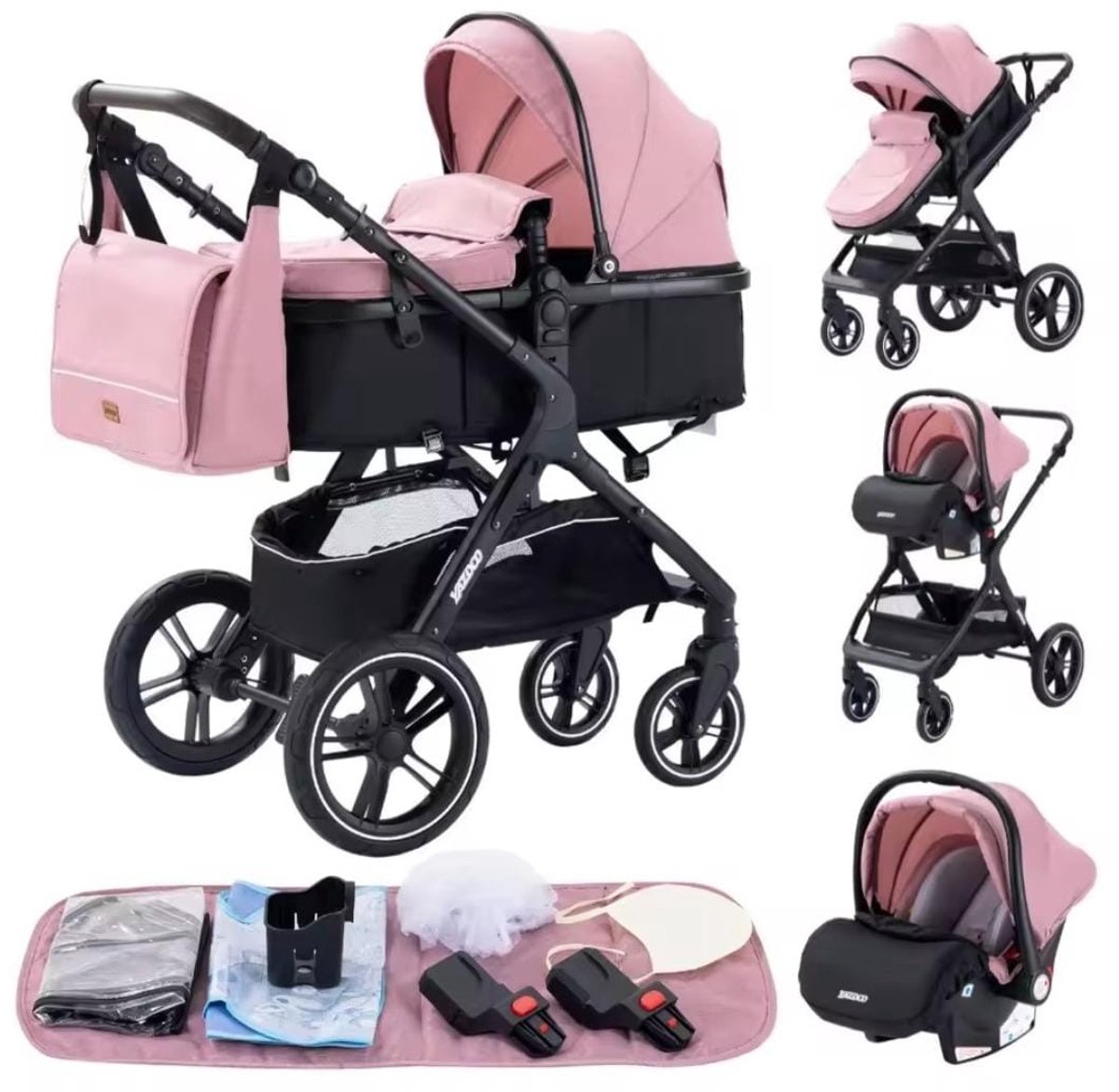 Luxe 3 in 1 Kinderwagen met Autostoel - Inklapbaar - Roze - Luxe - €180,95
