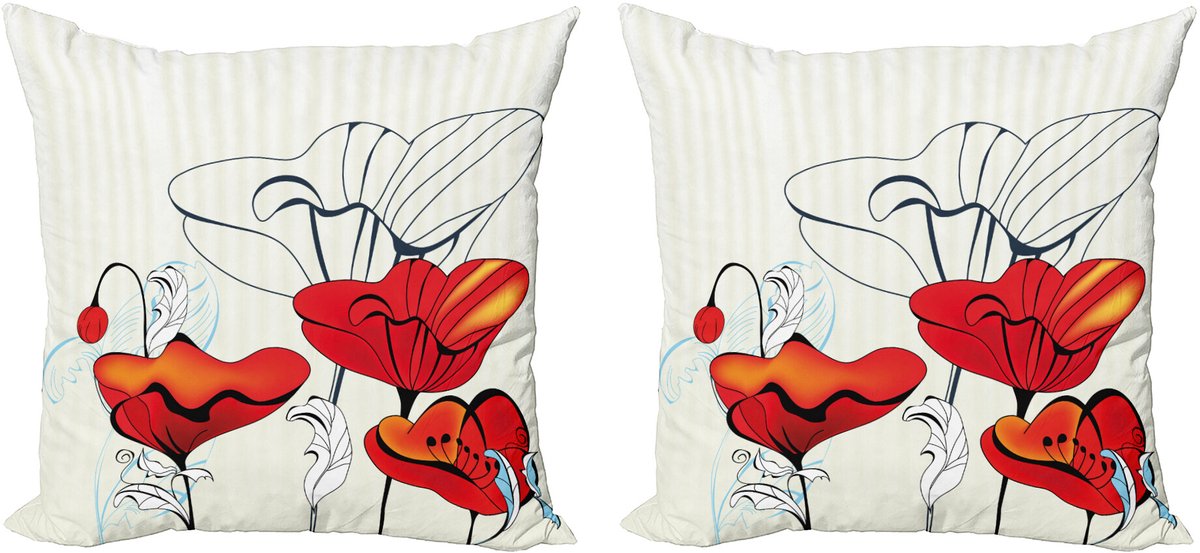 ABAKUHAUS Decoratieve kussenhoes met klaprozenmotief, 2 stuks, gestreepte roz 50x50 cm, rood, lichtblauw, beige