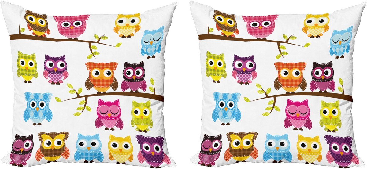 ABAKUHAUS Decoratieve kussenhoezen voor de kleuterschool, 2 stuks, patchwork uil 45x45 cm, wit meerkleurig