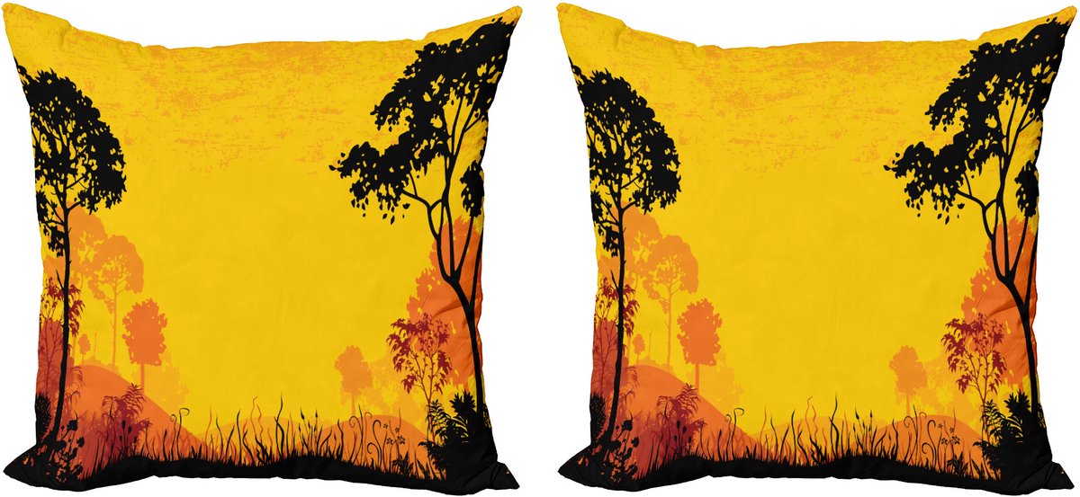 ABAKUHAUS Geelzwarte decoratieve kussenhoezen (2 stuks), Bos bij zonsondergang, 50x50 cm, Geelzwart