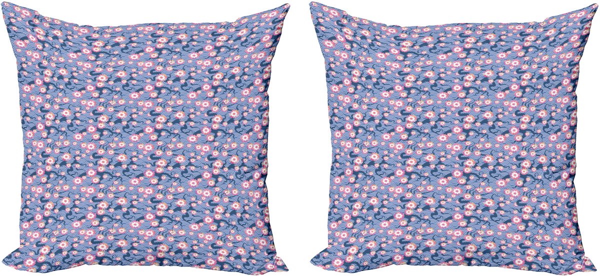 ABAKUHAUS Decoratieve kussenhoes met kersenbloesemmotief, 2 stuks, Art Deco-stijl, 40x40 cm, roze en violetblauw