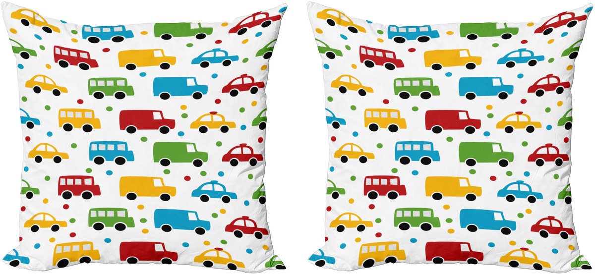 ABAKUHAUS Decoratieve kussenhoezen voor in de auto, 2 stuks, levendige bus, taxi, auto, 45x45 cm, wit, veelkleurig