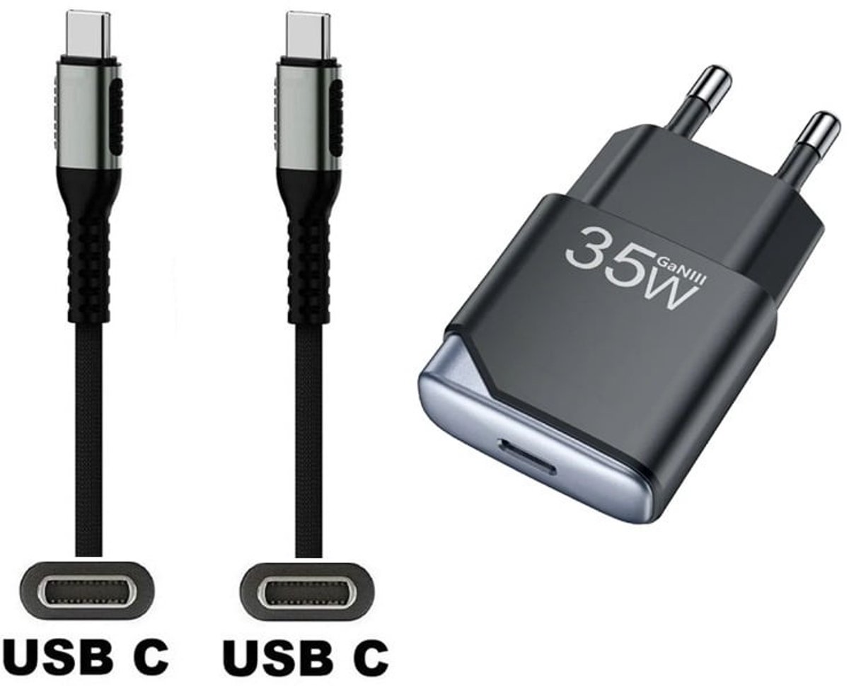 OneOne 35W snellader + 0,25m sterke USB C naar C kabel. GAN lader. PD PPS oplader adapter past op Apple iPhone 16 Pro Max, iPhone 16e, iPad 9, iPad 10, iPad Air 4, iPad Air 5, iPad Mini 6, iPad Pro 11, iPad Pro 12.9