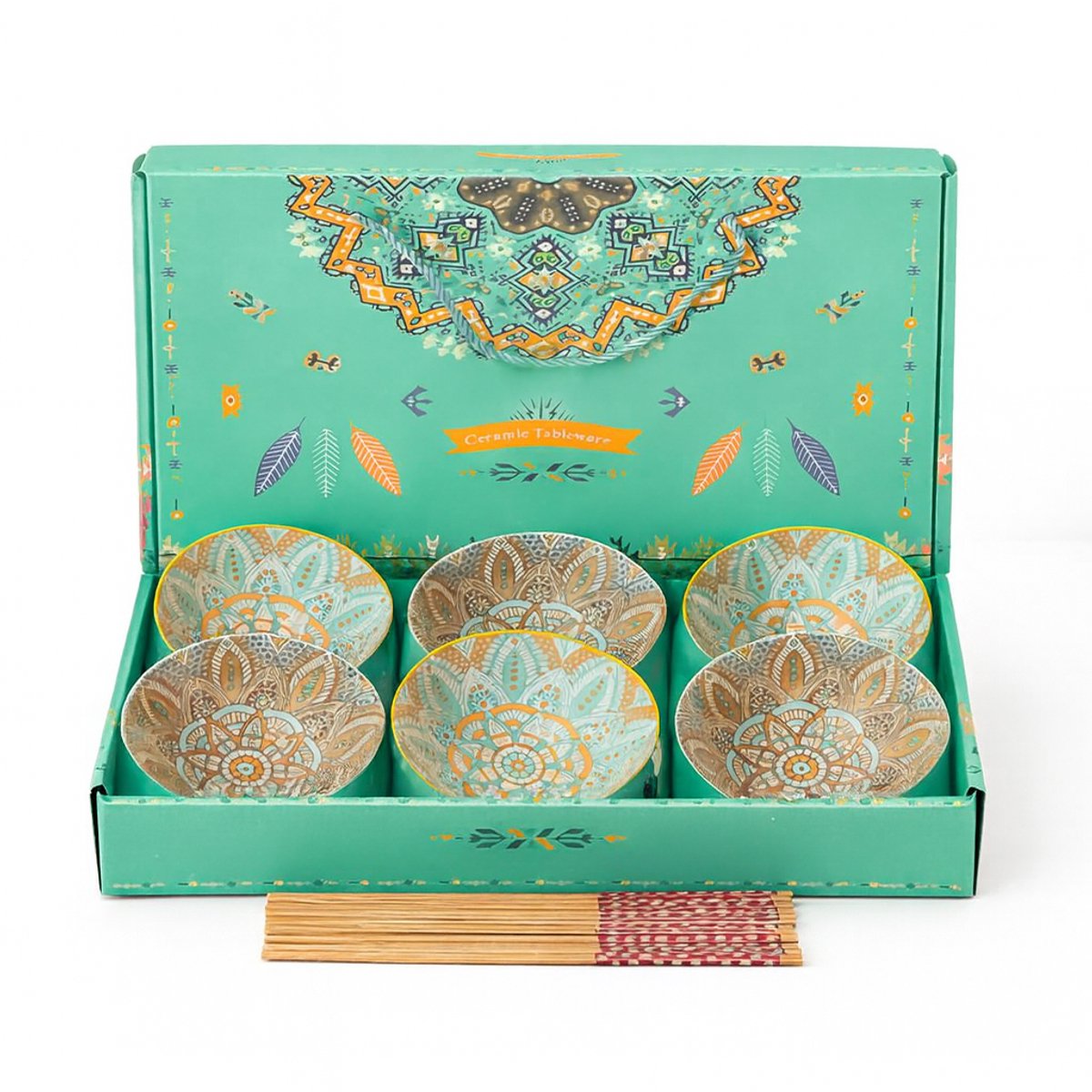 6 Keramische kommen met eetstokjes - Bohemian - set - schaaltjes - kommetjes - serviesset - tapas, rijst, sushi - keramiek - giftbox - cadeauverpakking - Oosterse stijl - rijstkom - sushikom - decoratief servies - Boheems - Boho - Mandala - Boheemse