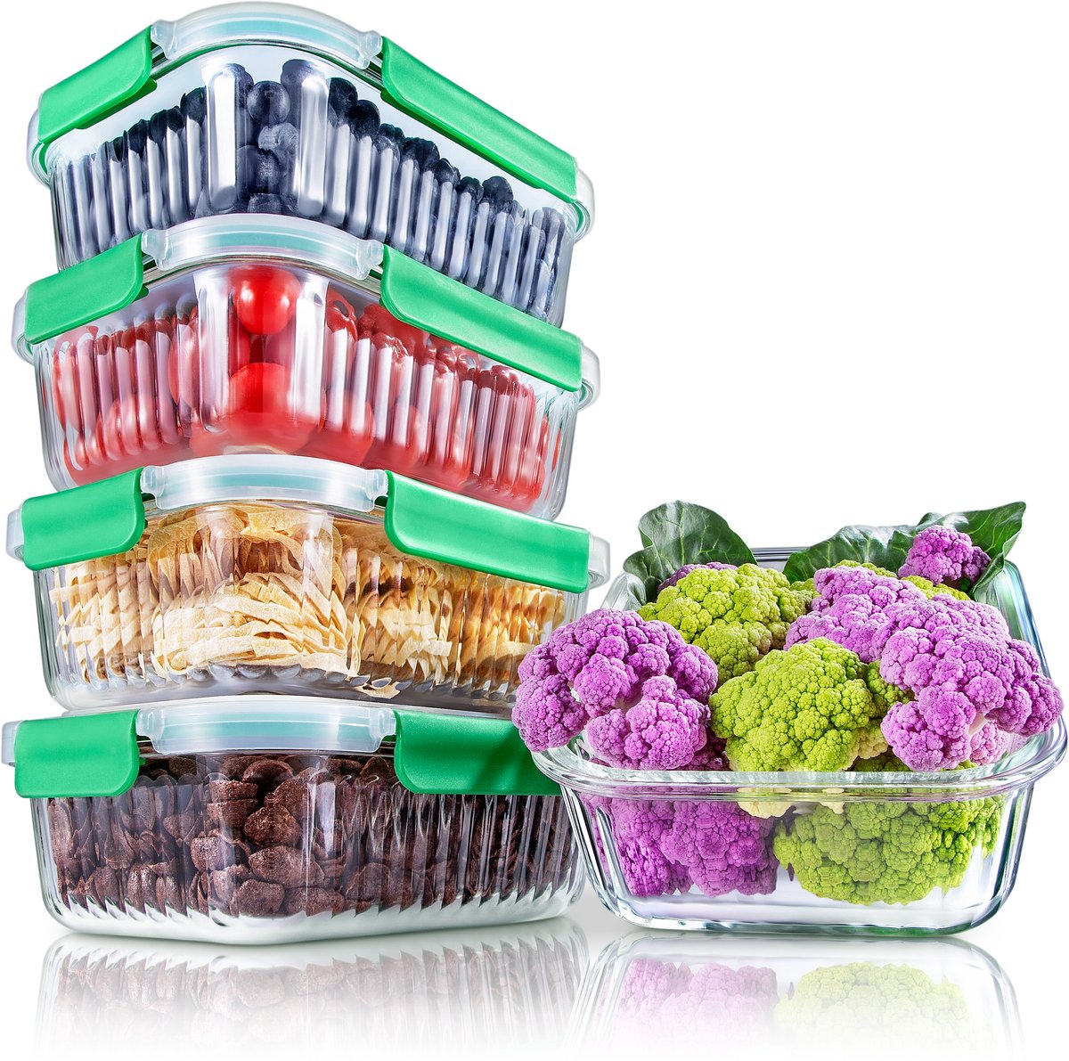 NutriChef Glazen Vershoudbakjes – 5-delige set en 5 luchtdichte klikdeksels- 863 Gram Bewaarbakjes - BPA vrij - Rood