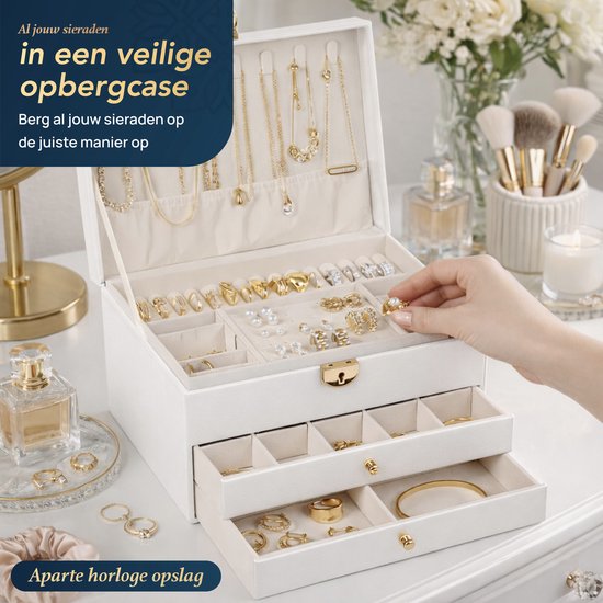 D’Lor Luxe Sieradendoos – Witte sieradenopbergdoos met slot, vakjes en lades – Elegante juwelendoos voor dames