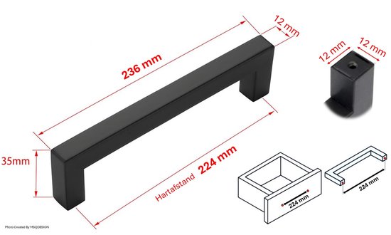 10 X MSQDESIGN Handgrepen RVS zwart - Boormaat 224mm - zwarte Handgreep voor Keuken & Kast - Moderne Meubelgreep - Keukengreep Mat zwart -Kastgrepen- zwarte Greepjes Keuken - zwarte RVS Handvatten - Deurgreepjes -incl schroeven