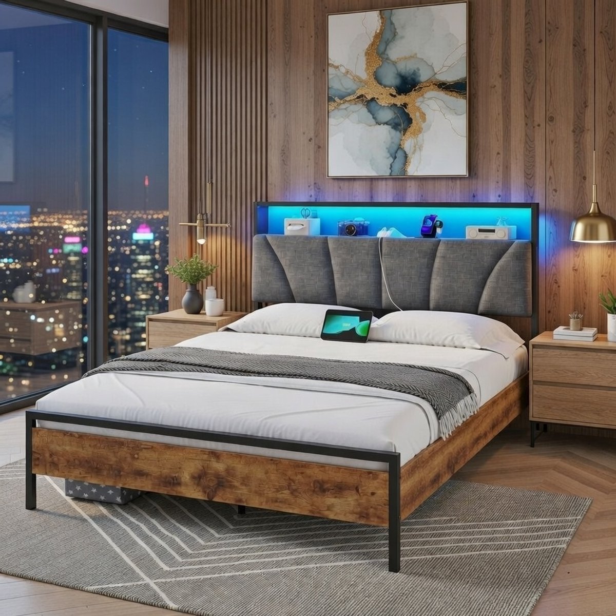 LumiCharge Luxe LED Bedframe 140x200 cm met Oplaadstation, RGB verlichting, metalen lattenbodem en hoofdbord – Modern Tweepersoonsbed – Grijs | Casa Serena – Casa Dorada