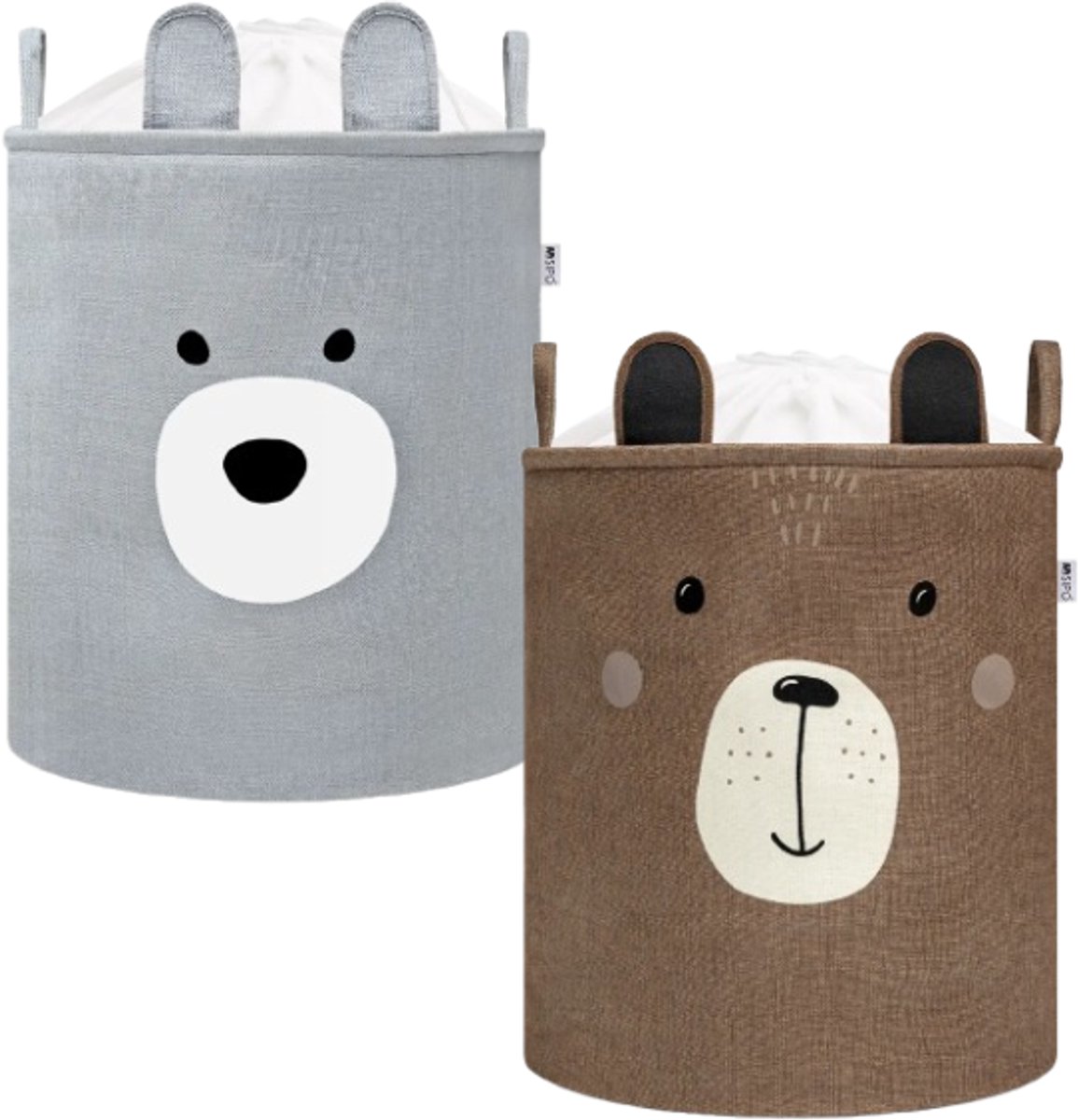 SIPO Speelgoedmand - Opbergbak - Opbergmand - Set van 2 - Bruine Beer & Grijze Beer Design - Opvouwbare Katoen Mand - Voor Speelgoed & Kleding - XXL - 63 Liters - 40 x 40 x 50 cm - Bruin & Grijs