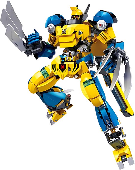 Robot jaune avec épaules et bas des jambes bleus, griffes argentées, sur fond blanc.