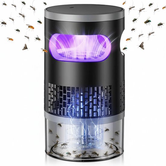 Zwarte muggenlamp met paarse UV-verlichting en elektrische schokken die muggen doden. Veel muggen rondom de lamp.