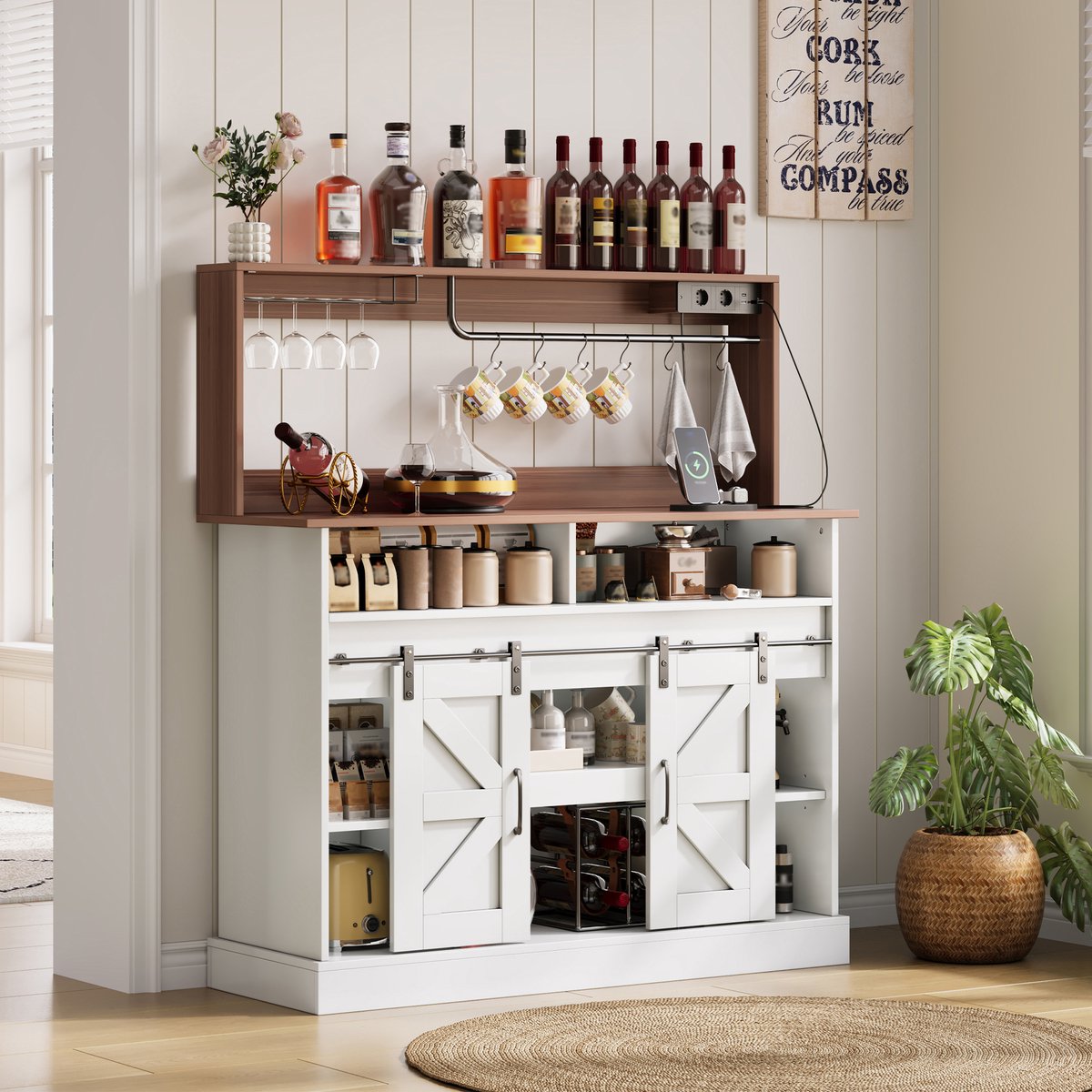 HAUSS SPOLE Keukendressoir - Koffiebar Met Glazenhouder, 2 AC + 2 USB En Schuifdeuren - Landhuisstijl - MDF - 120x40x130 cm - Wit Naturel