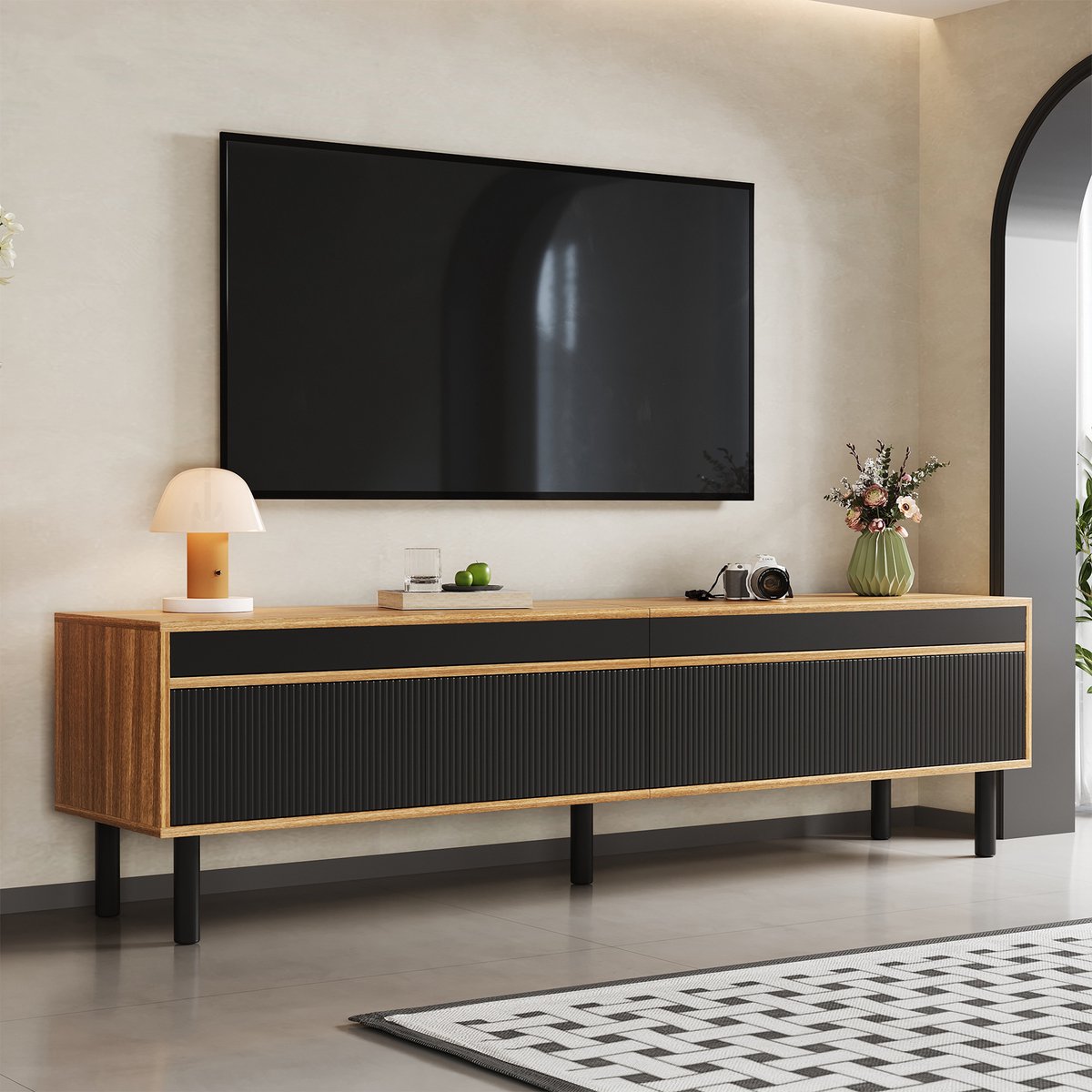 HAUSS SPOLE Tv Meubel - 4 Deuren Met Drukopener En Strepenstructuur - Opbergen In Woonkamer - Spaanplaat - 170x38x47 cm - Zwart