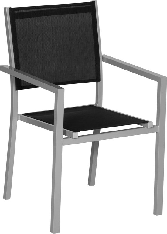 Grijze aluminium stoel met zwart textilene zitting en rugleuning.