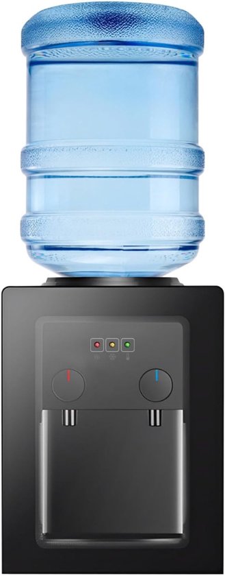 Zwarte waterkoeler met een grote blauwe waterfles bovenop en een bedieningspaneel met twee draaiknoppen.