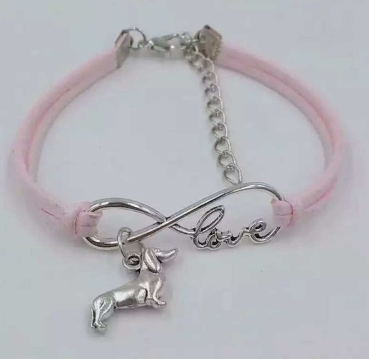 12Getit Armbandje roze met teckel en infinity Love hangertje
