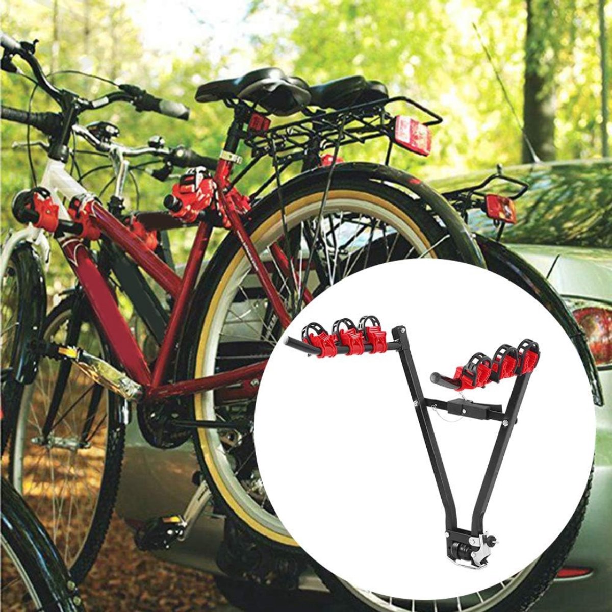 MIRA® Fietsendrager Elektrische Fiets - Fietsendrager - Fietsendrager met Spanband - 3 Fietsen - Geen Trekhaak - Zwart/Rood - 72cm x 23cm x 12cm thumbnail 4