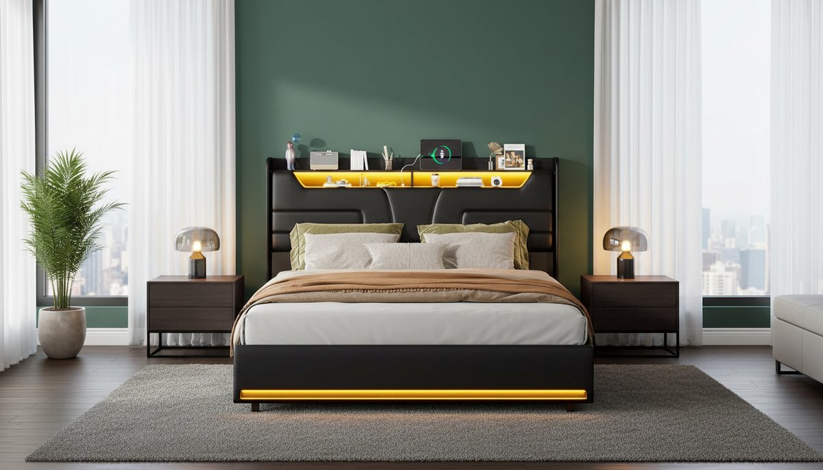 Opbergbed 160x200 cm – Casa Velluto Noir Lumina Luxe Tweepersoonsbed met LED Verlichting, USB-Aansluiting, Hydraulische Opbergruimte, Gestoffeerd Hoofdbord & Voeteneinde, Lattenbodem – Zwart PU Leer