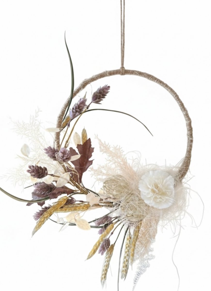 Boho Krans van Kunstbloemen – Handgemaakt – 30 cm – Droogbloemen Look – Jute Ring – Natuurlijke Wanddecoratie