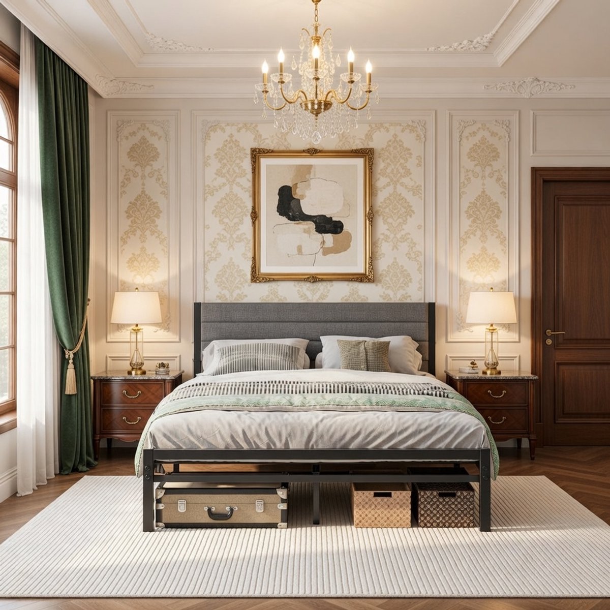 Luxe Modern Metaalbed met Opbergruimte - 140 x 190 cm - Zwart - Gestoffeerd Hoofdeinde - Robuust & Stijlvol Tweepersoonsbed - Stabiel Stalen Bedframe met Lattenbodem - Slaapkamermeubilair voor Comfort & Ruimtebesparing Casa Serena