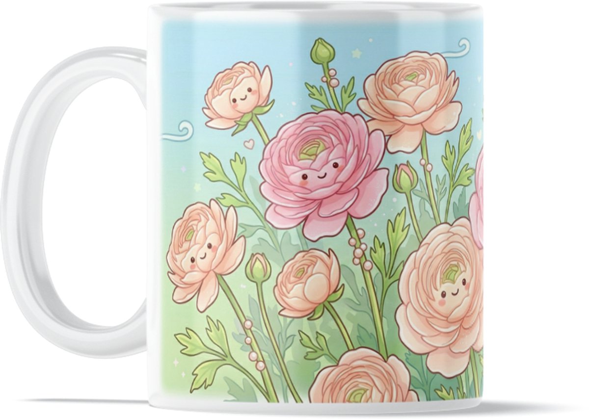 Kawaii Series Koffiemok met Lieve Lachende Roze Bloemen - Schattige Pastel Natuur Theemok - Vrolijke Beker om de Werkplek of het Kantoor op te Vrolijken - Origineel Cadeau voor Plantenliefhebber - Ideaal voor haar: Vrouw, Vriendin of Collega