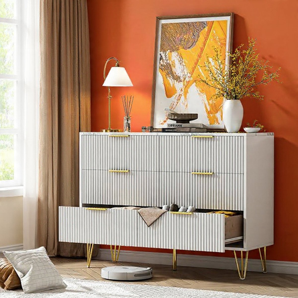 Valentina Luxe Commode 6 Lades – Wit met Goud – 3D Gegroefd Design – Marmerlook Bovenblad – Moderne Ladekast voor Slaapkamer en Woonkamer Casa Serena – Afmetingen op aanvraag – Casa Dorada