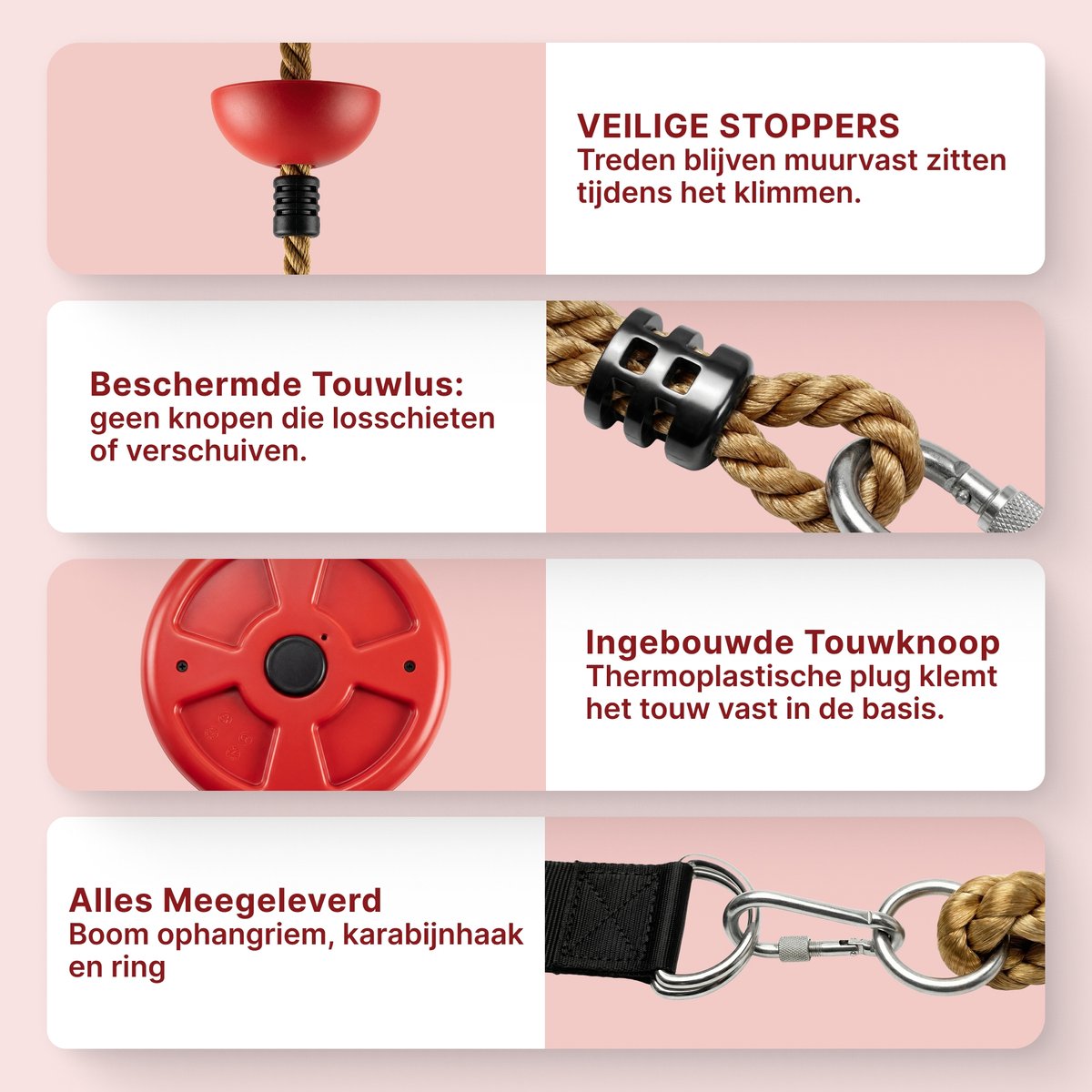 JAXY Schotelschommel - Klimtouw Schommel met Knopen - Kinderschommel Buiten - Buitenspeelgoed - Schommelzitje - Rood — afbeelding 10