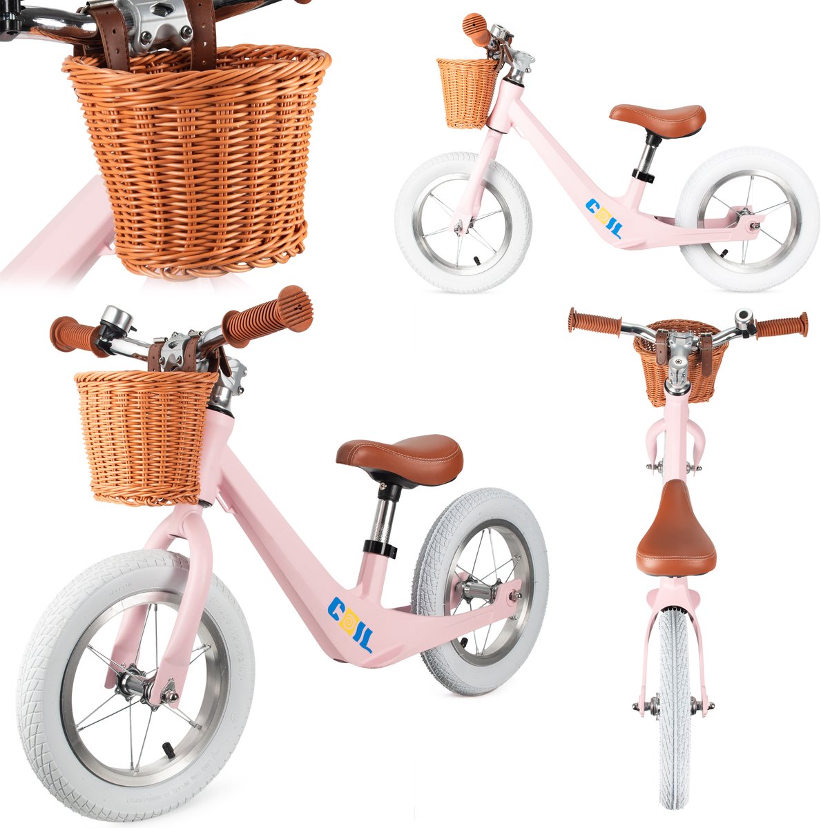 COIL Loopfiets met Rieten Mand – Kinder Loopfiets met Verstelbaar Zadel & Lekvrije Banden – 12 inch wielen - Stijlvol, licht en veilig - Vanaf 2 Jaar - Roze
