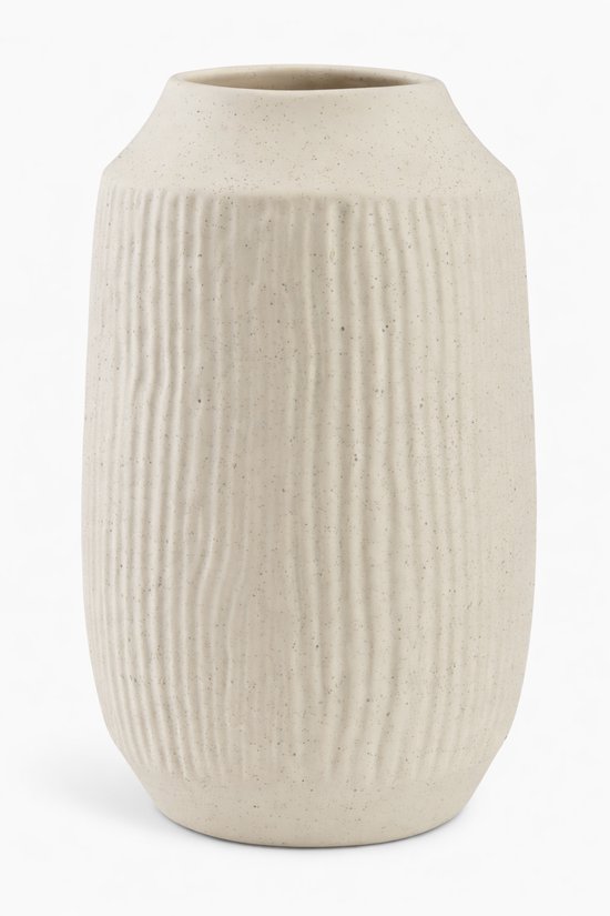 Vaas Dolomiet Off-White – Geribbeld & Gespikkeld Design – Ø21 x H33 cm – Hoge Decoratieve Bloemenvaas voor Grote Boeketten