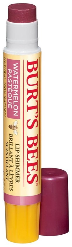Burt's Bees Lip Shimmer Watermelon met gele dop en paarse dop.
