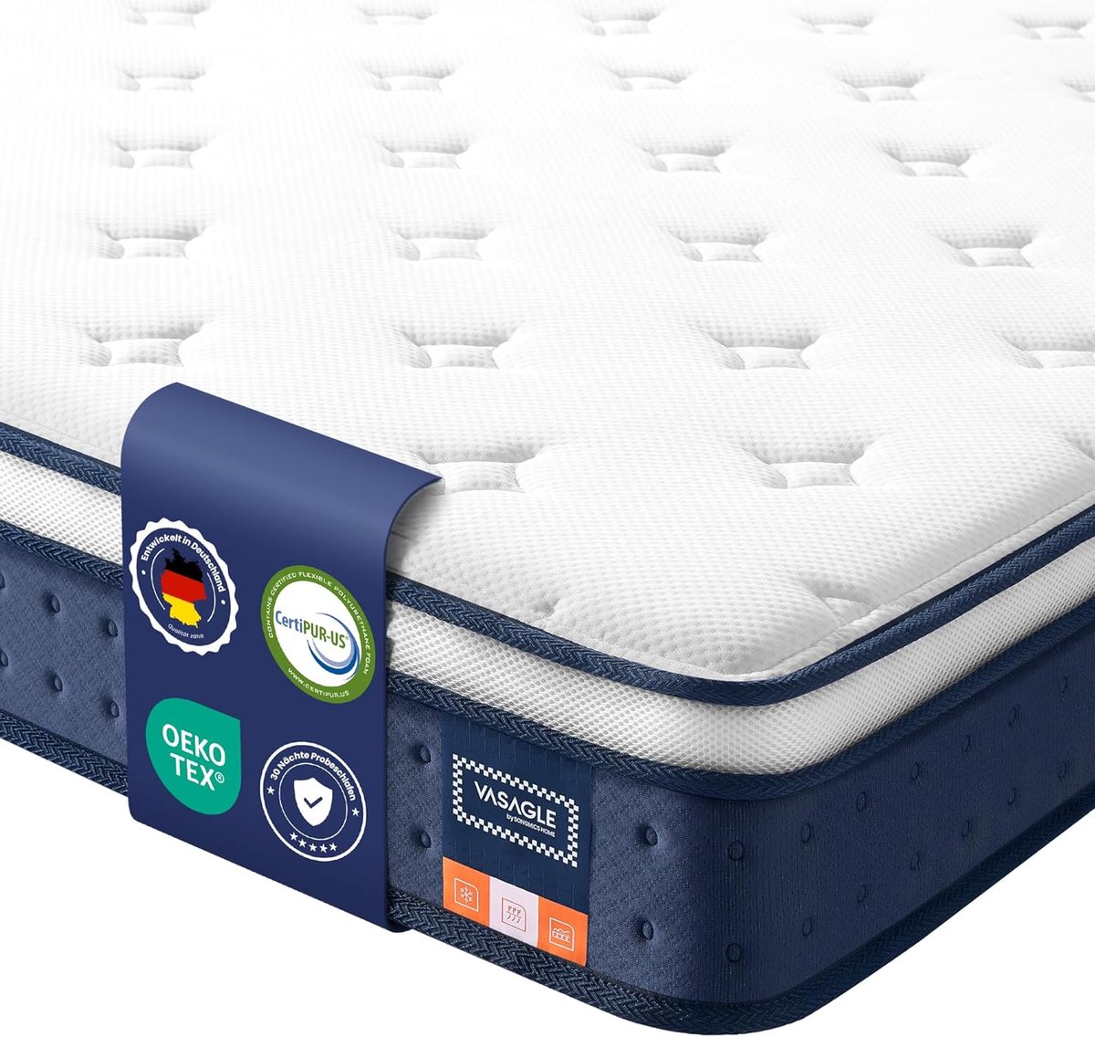 Pocketveringmatras – 90 x 200 x 25 cm – Gel-traagschuim – Gemiddelde stevigheid H3 – 7-zone ondersteuning – Blauw