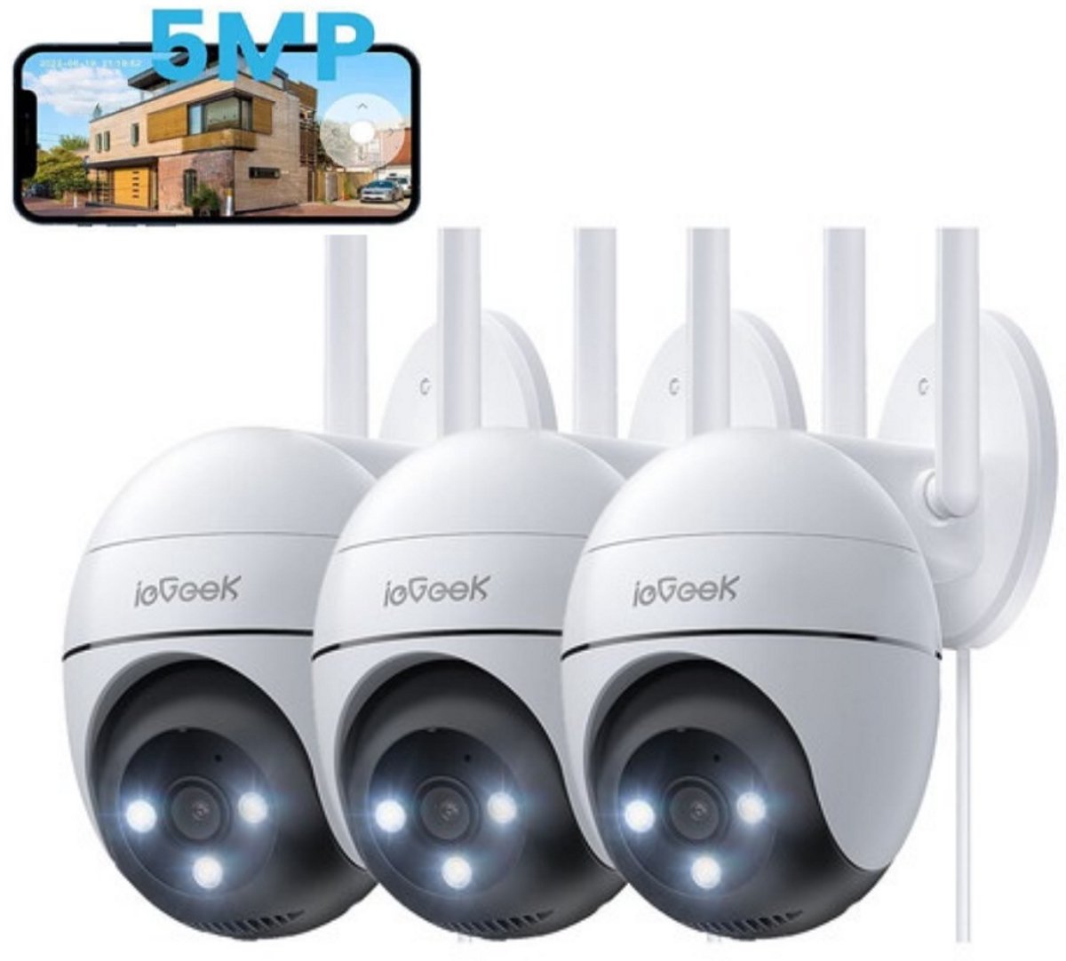 ieGeek Beveiligingscamera Buiten – 5MP - Buiten Camera Met Nachtzicht – Buitencamera - Bewakingscamera voor Buiten- Met WiFi en APP - 3 Stuks